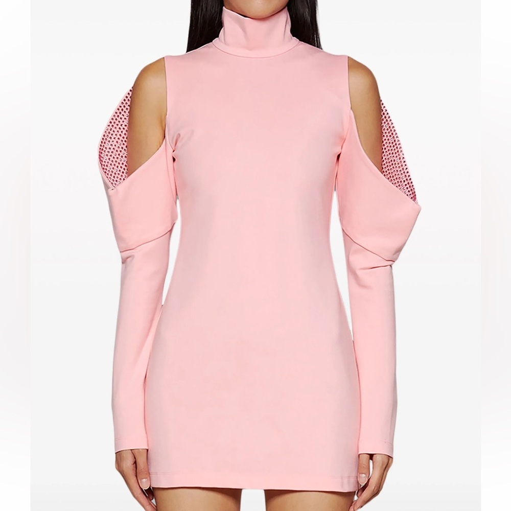 AREA Pink Embellished Cold Shoulder Bodycon Dress
